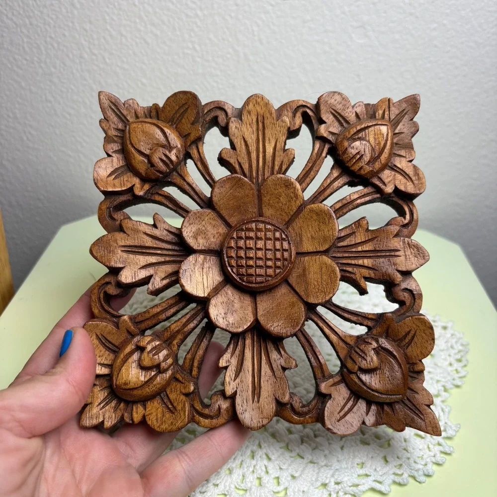 Wood Carved Flower Square Wooden Wall Plaque Boho Bali